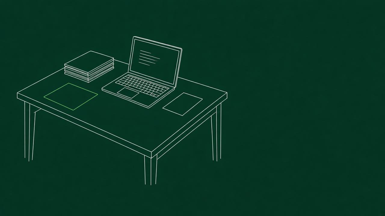 Fine-line drawing of a desk: an open laptop, a page set aside, and one document separated from a stack.