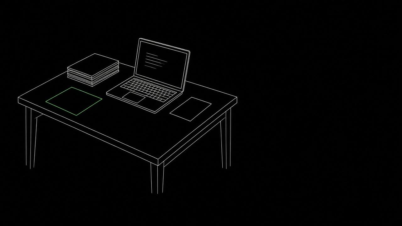 Fine-line drawing of a desk: an open laptop, a page set aside, and one document separated from a stack.